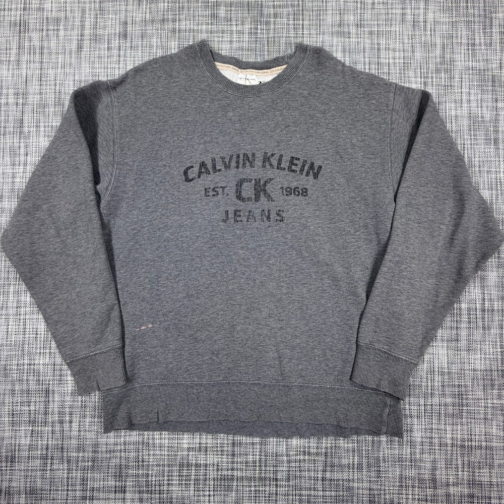 Calvin Klein Jeans Mens Medium Gray Logo Crewneck Sweatshirt Cotton Blend Fleece